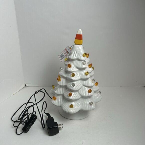 Mr. Halloween 12" White Ceramic Candy Corn Orange & Yellow Bulbs Christmas Tree - Picture 1 of 2